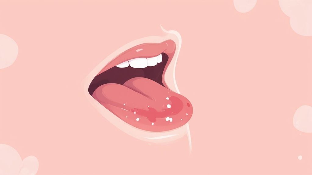 Close-up of a person's mouth with visible signs of oral thrush on the tongue