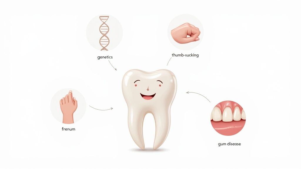 Illustration of a happy tooth surrounded by causes of dental issues: genetics, thumb-sucking, frenum, and gum disease.