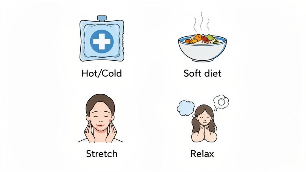 Four self-care methods: hot/cold therapy, soft diet, facial stretches, and relaxation techniques.