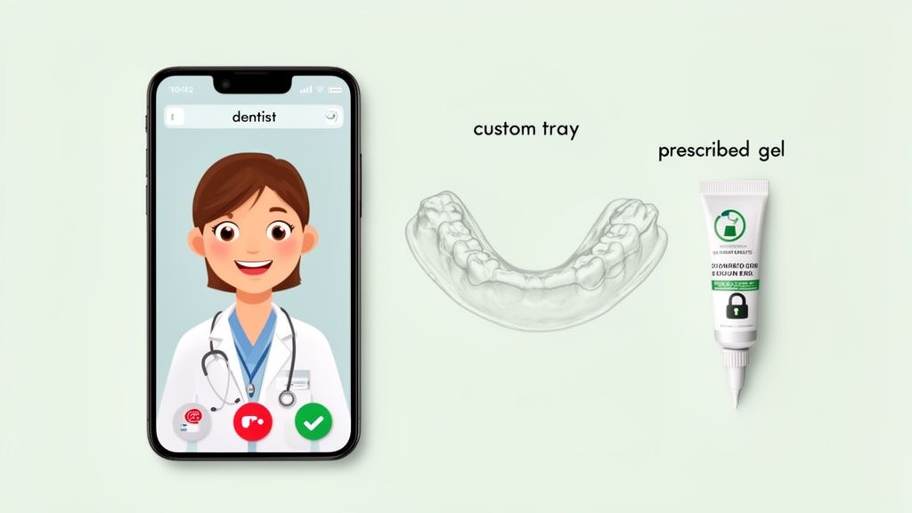 A smartphone with a video call to a dentist, a custom dental tray, and a tube of gel for teeth whitening.
