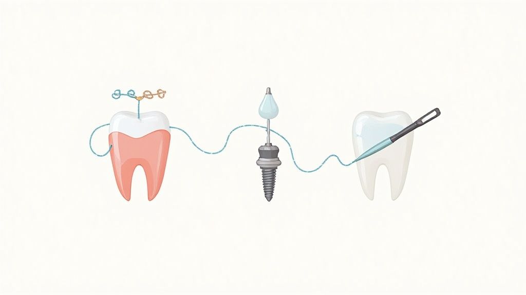 Dental care illustration showing crowned tooth, dental implant, and natural tooth with floss