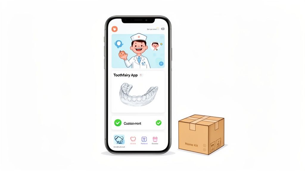 A smartphone displaying the 'Toothfairy App' with a dental aligner and a 'Home Kit' box.