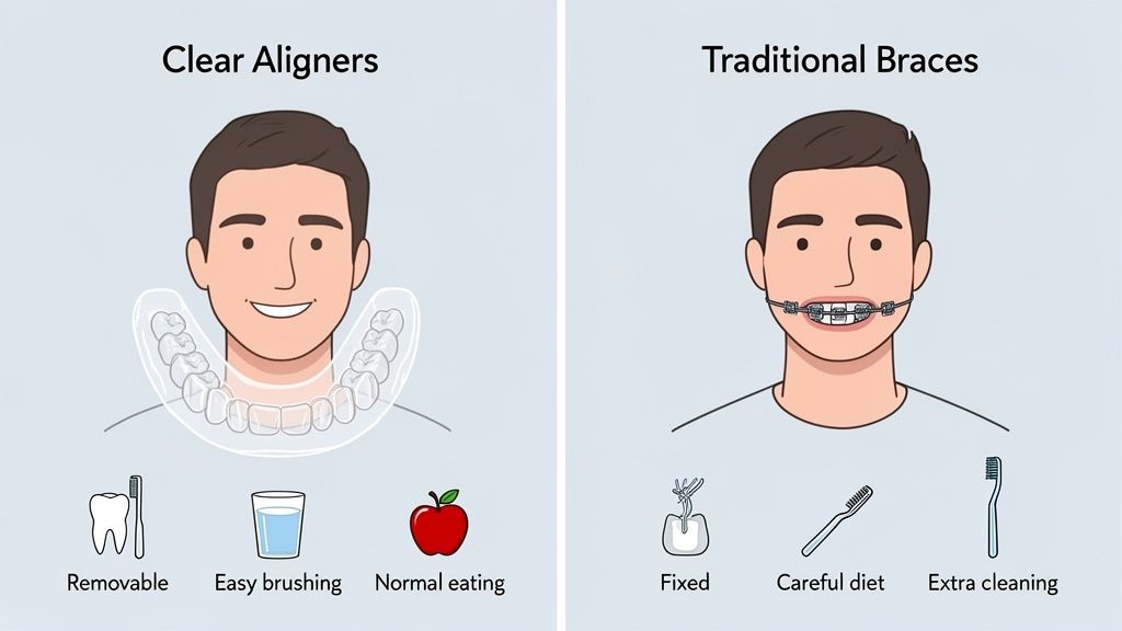A man comparing clear aligners with a removable setup to traditional fixed braces, detailing care.