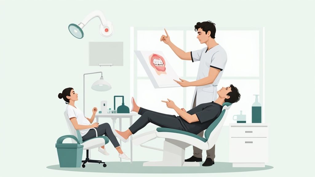 A dental professional explaining a procedure to a patient