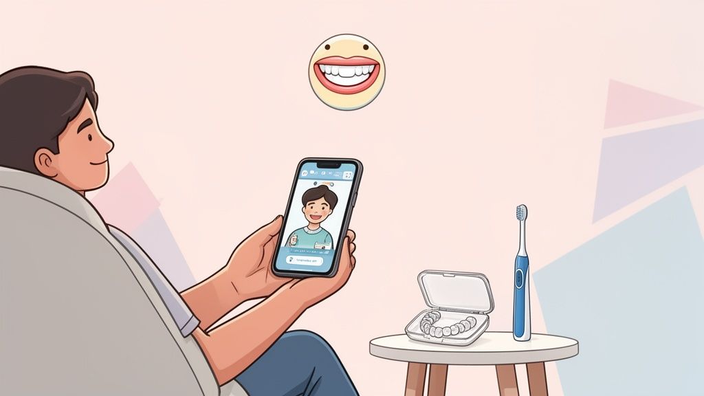 An illustration of a person using a smartphone for dental care, with aligners and a toothbrush.