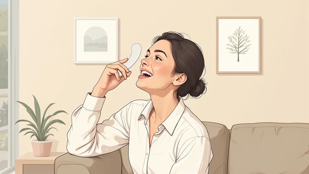 A smiling person showing off their clear aligners.