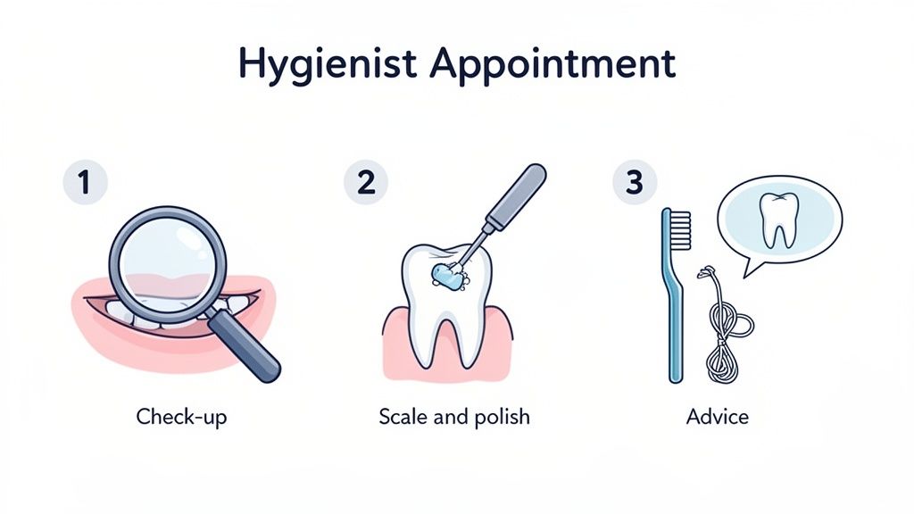 An infographic detailing the three steps of a hygienist appointment: check-up, scale and polish, and oral hygiene advice.