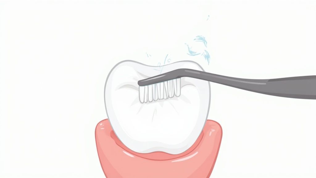 A person brushing their teeth with a soft-bristled toothbrush