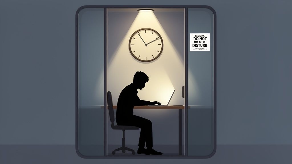 Silhouette of a person working intensely on a laptop in a brightly lit, private work pod.
