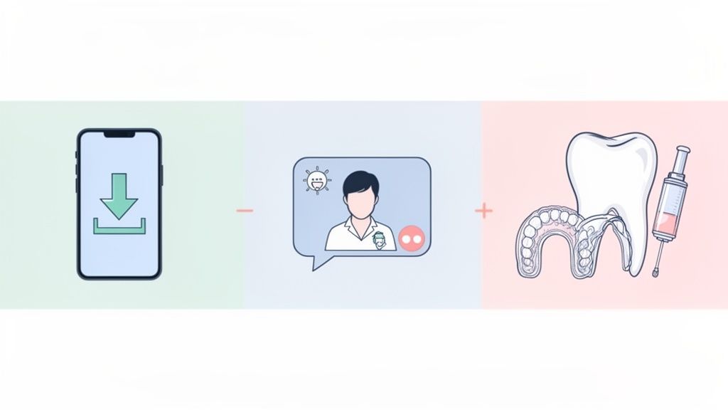 Digital dental care concept showing app download, virtual consultation, and physical dental treatments.