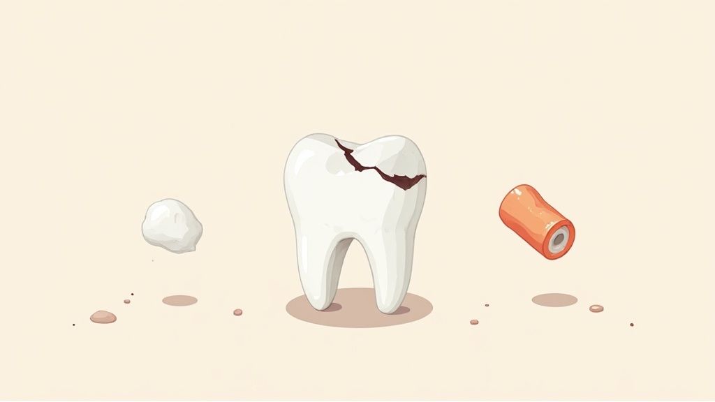 A cracked tooth is flanked by a white dental material and an orange temporary crown.