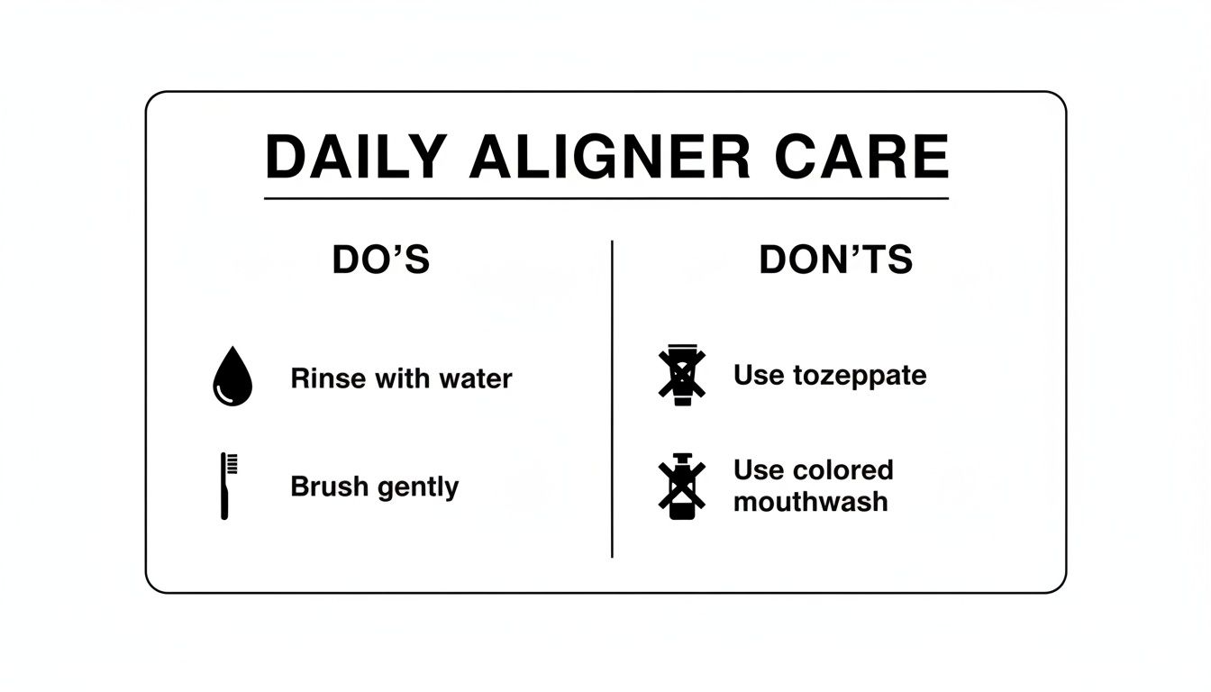 Infographic showing daily aligner care tips: rinse with water, brush gently, avoid toothpaste and colored mouthwash.