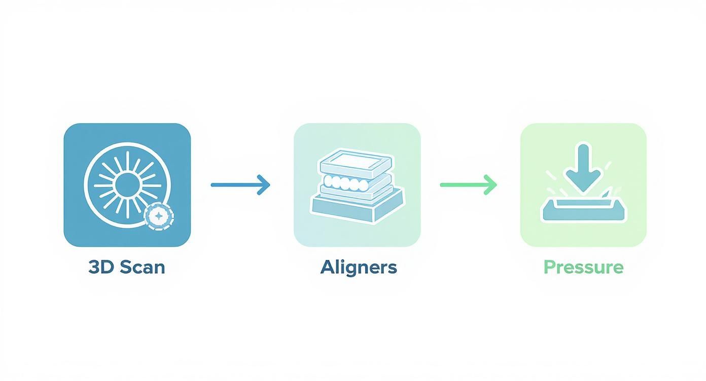 A diagram illustrating three steps: 3D Scan, Aligners, and Pressure, detailing the aligner process for teeth straightening.