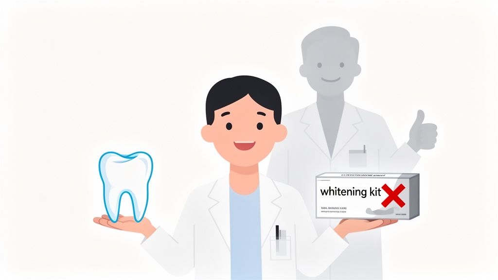 A cartoon dentist promotes professional teeth whitening by holding a tooth and rejecting a home kit.