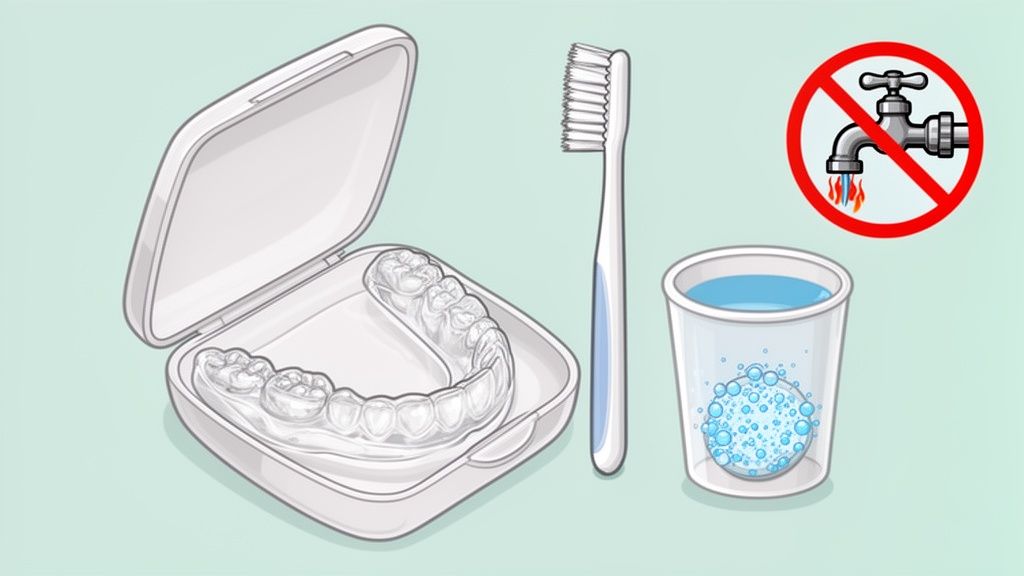 Items for cleaning a dental retainer: case, toothbrush, cleaning tablet in water, avoid hot water.