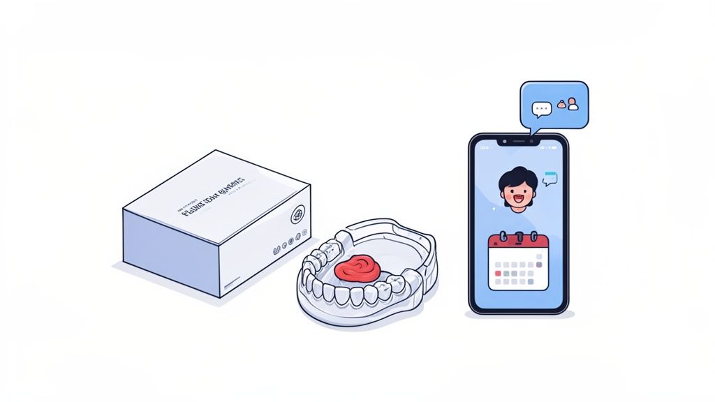 A dental impression kit with a box, tray, and a smartphone showing online consultation and calendar.