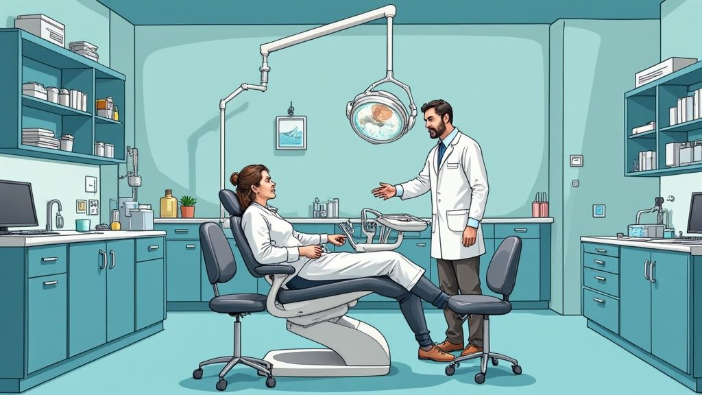 A person on the phone looking stressed while searching for a dentist online
