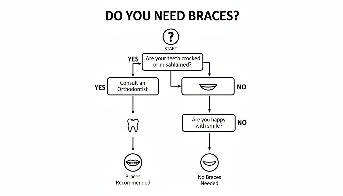A flowchart guiding individuals through a decision-making process to determine if they need dental braces.