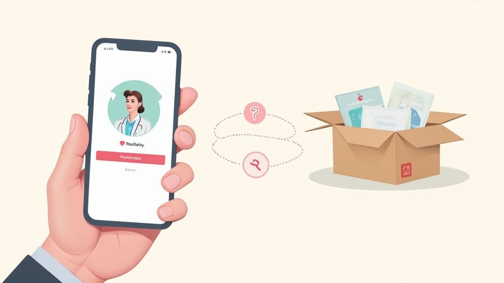 A hand holds a smartphone displaying a medical app, interacting with a box of health documents.