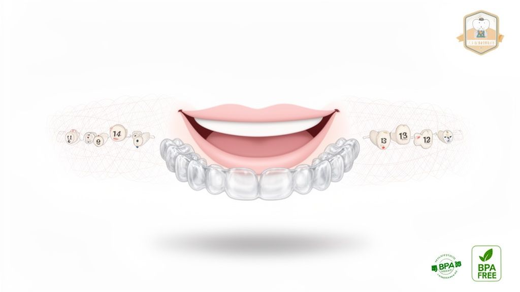 An illustration of a smiling mouth with clear dental aligners on the lower teeth, showing numbered aligner stages and 'BPA Free' labels.