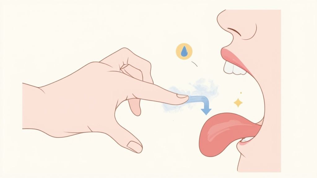 Person demonstrating how to use a tongue scraper on their tongue
