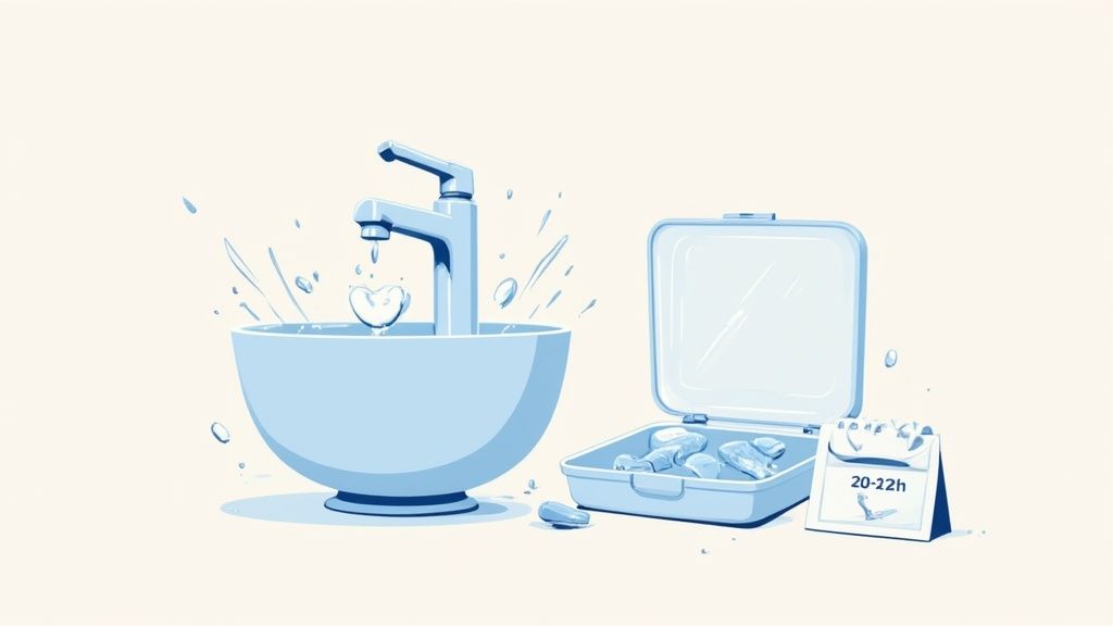 Illustration of a faucet with heart-shaped water, an open case containing dental aligners, and a calendar.