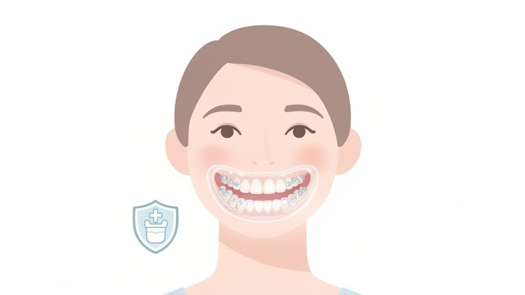 An illustration of a person smiling, showing white teeth with braces, alongside a health shield icon.