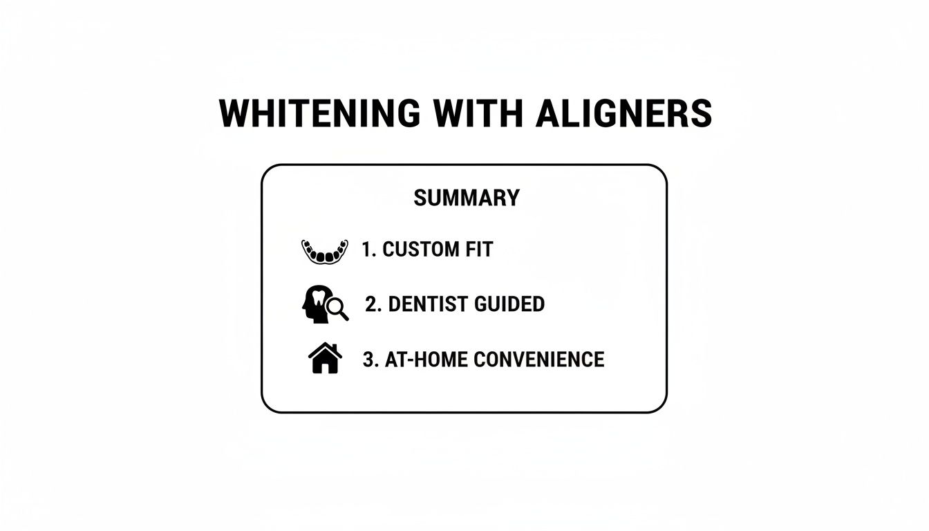 A summary box outlines the benefits of whitening with aligners: custom fit, dentist guided, and at-home convenience.