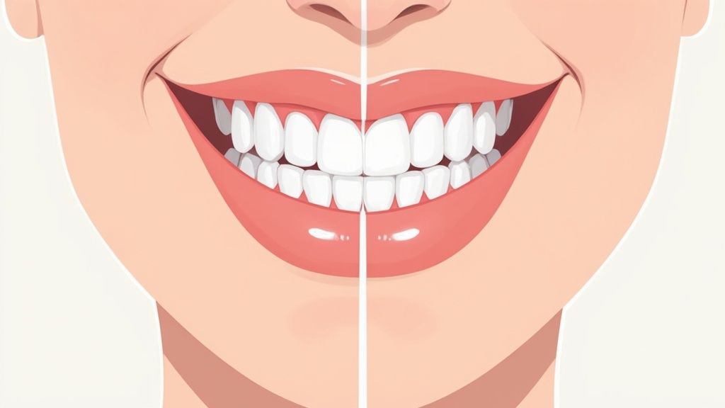 A split image showing a before and after comparison of a smile with whiter, aligned teeth.