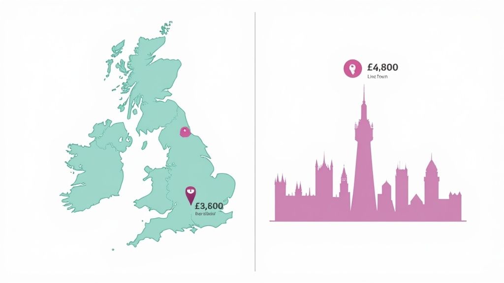 Map of Great Britain highlighting two locations with costs, and a London cityscape with a price point.