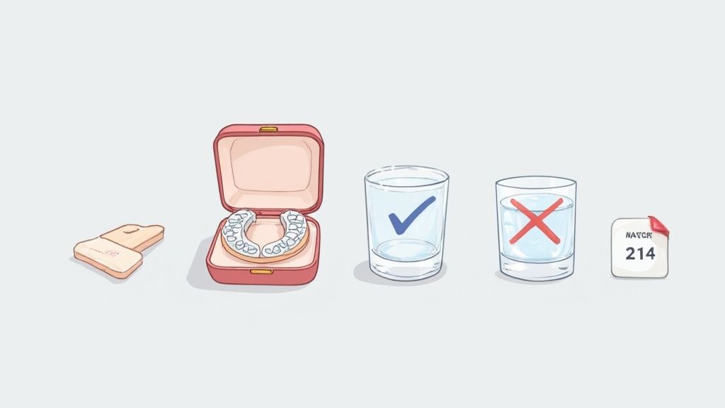 An illustration displaying dental retainers in a case, alongside instructions for proper water usage.