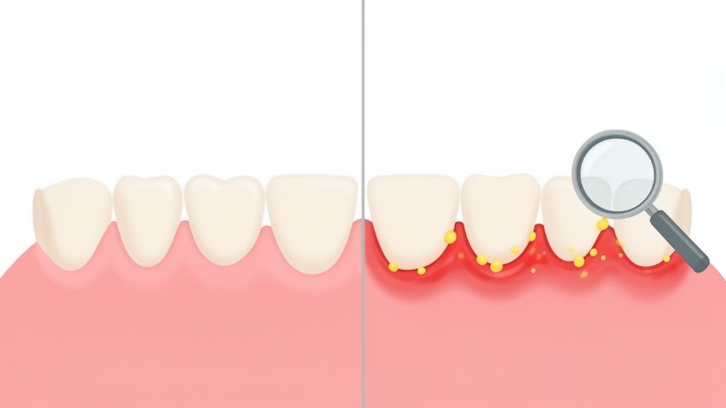 An illustration comparing healthy gums and teeth to inflamed gums with plaque, magnified.
