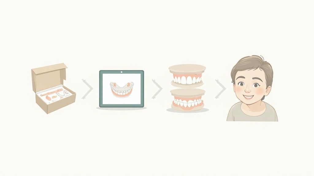 Step-by-step process of clear aligner teeth straightening treatment from kit to finished smile