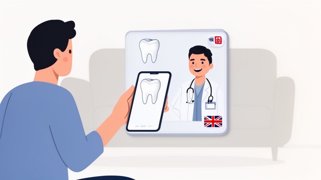 Illustration of a man getting a virtual dental check-up with a doctor showing teeth icons.