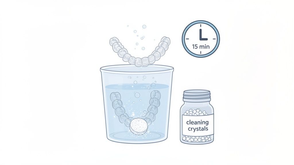 Illustration showing a dental aligner soaking in water with a cleaning tablet for 15 minutes, next to cleaning crystals.