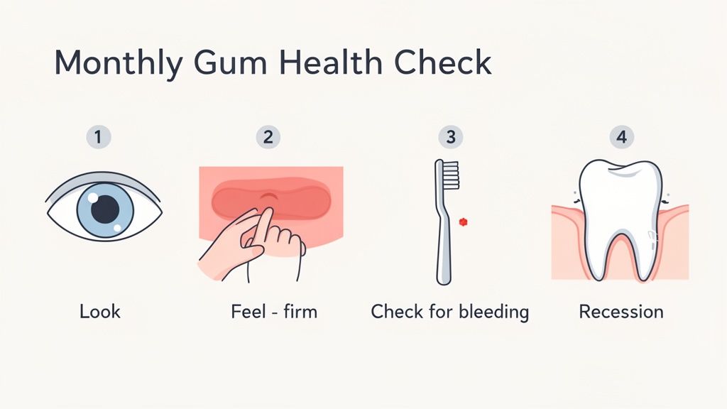 Illustrative guide detailing a monthly gum health check with steps for looking, feeling, bleeding, and recession.