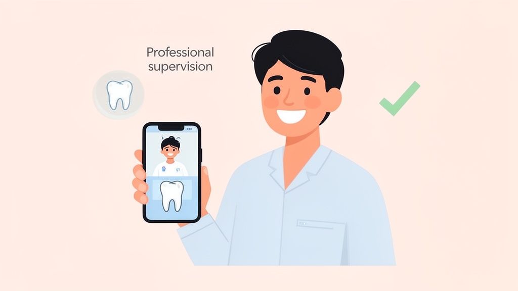A smiling male dentist holds a smartphone displaying a video call with a female dentist and a tooth icon, indicating professional supervision.