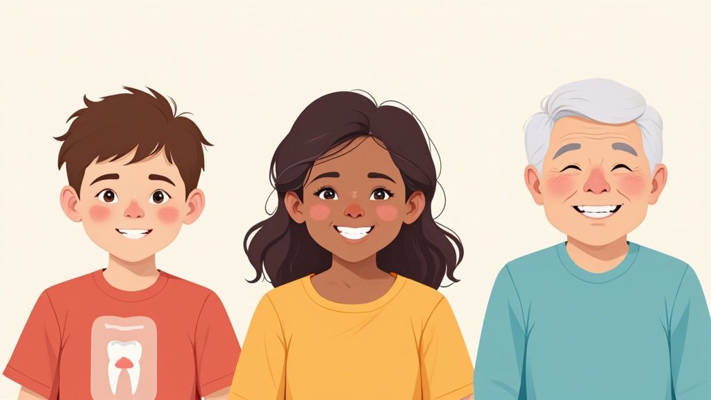 A smiling family showcasing healthy teeth, representing different age groups that benefit from fluoride varnish.