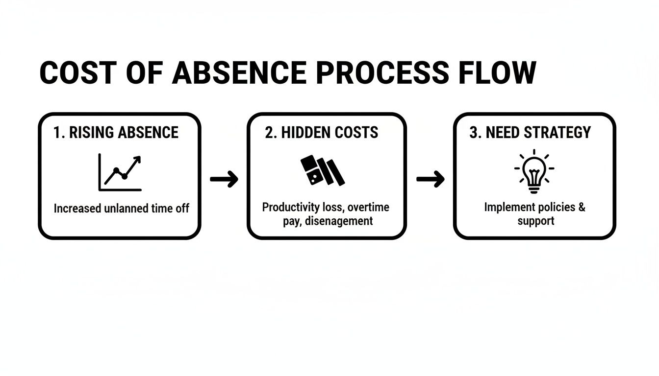 Flowchart illustrating the cost of absence process from rising absenteeism to hidden costs and strategy implementation.