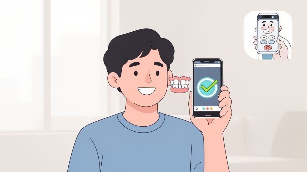 A smiling cartoon man holds a smartphone displaying a checkmark, with dentures floating beside him.