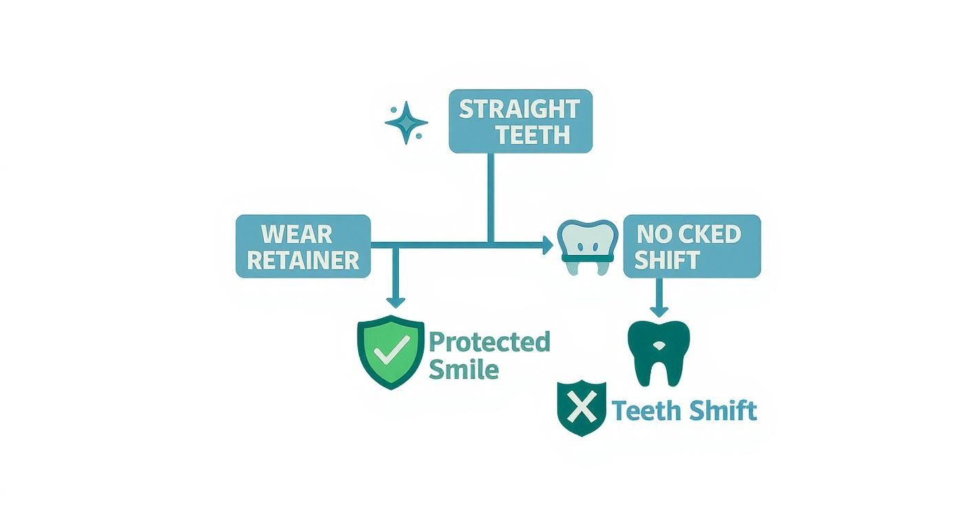 Flowchart shows straight teeth maintenance: wearing a retainer ensures a protected smile, while neglecting it causes teeth shifting.