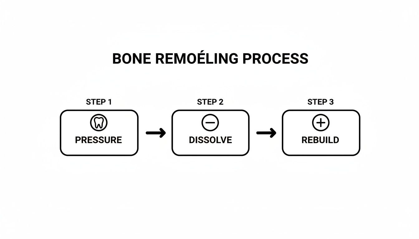 Diagram illustrating the three-step bone remodeling process: pressure, dissolve, and rebuild with icons.