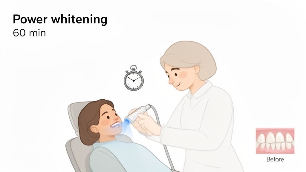 A dentist performs power teeth whitening on a patient, with a stopwatch showing 60 minutes.