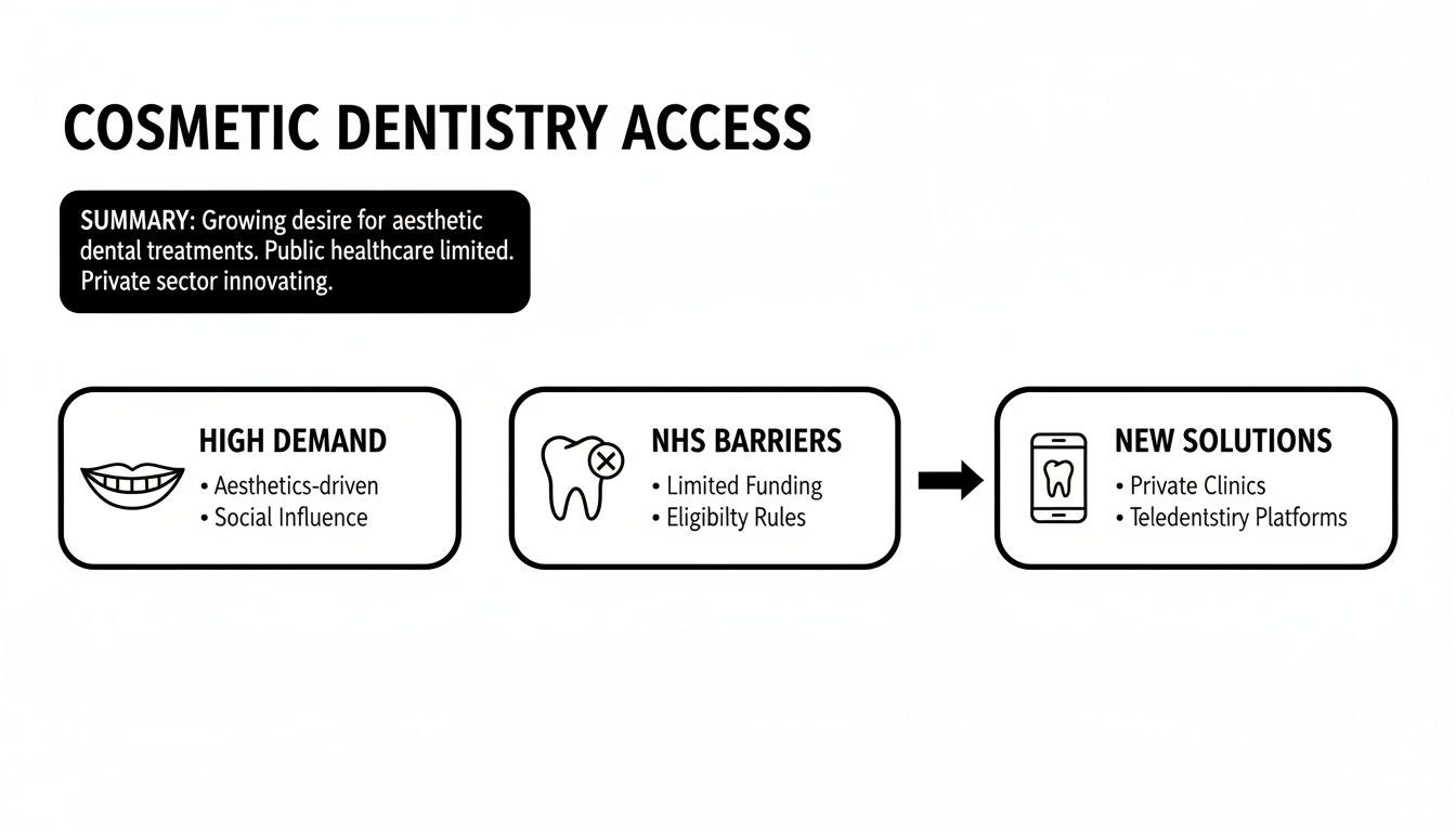 Diagram illustrating cosmetic dentistry access, high demand, NHS barriers, and new private solutions.