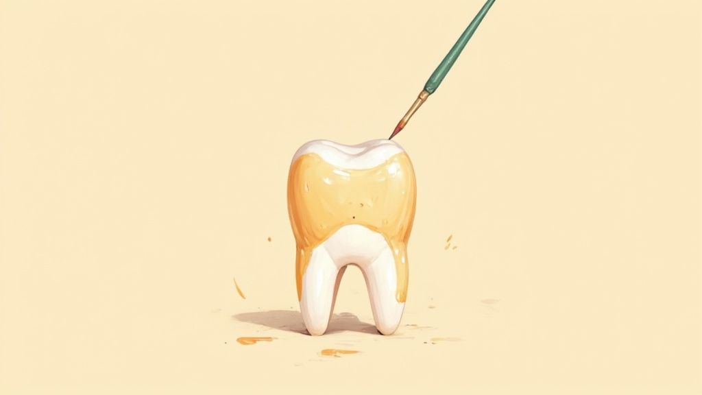 A dental professional applying fluoride varnish to a patient's teeth.
