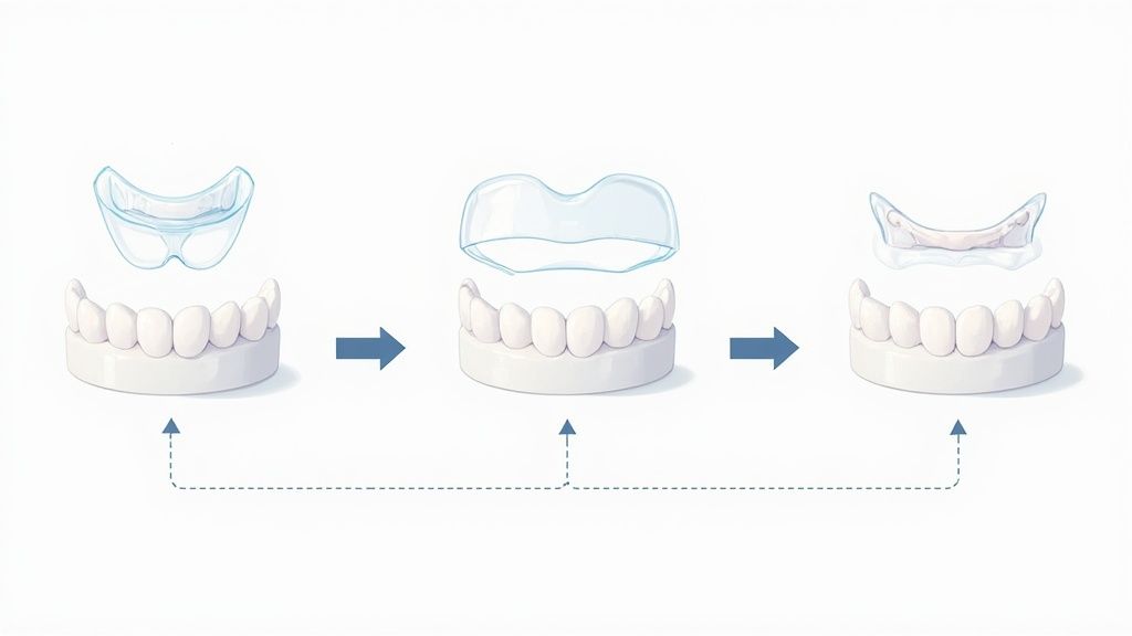 Three dental models demonstrating the progression or different types of clear aligners and mouthguards.