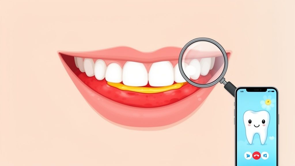 A cartoon mouth with white teeth and red gums, a magnifying glass inspecting, and a phone showing a smiling tooth video call.