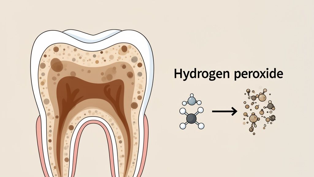 A cross-section of a stained tooth next to a diagram showing hydrogen peroxide breaking down molecules for whitening.