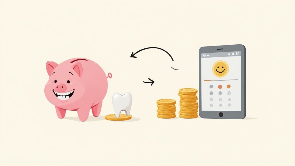 Cartoon showing a piggy bank, a tooth, coins, and a smartphone, representing dental savings or payments.