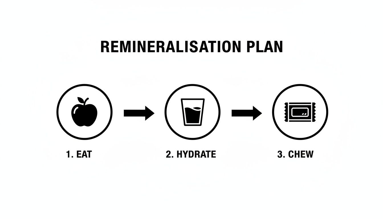A graphic showing a remineralisation plan: 1. eat an apple, 2. hydrate with water, 3. chew gum.